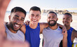 © D Theron/peopleimages.com - Selfie, portrait or volleyball team at beach with support in sports training, exercise or fitness workout. Smile, teamwork or happy men on mobile app for social media picture or group photo in game