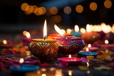 Fototapeta Las - happy diwali deepavali festival of lights diya decoration rangoli