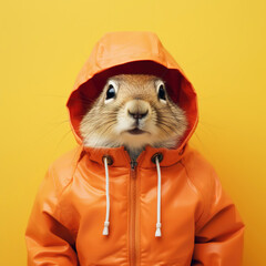 Wall Mural - Fashion chipmunk in fall hooded jacket. Trendy orange color