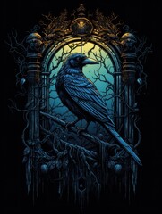 Wall Mural - illustration design of a raven with ornament on the black background AI Generative