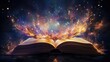 An open book with sparkles coming out of it ideal for fantasy. Generative AI.