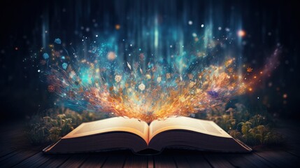 An open book with sparkles coming out of it ideal for fantasy. Generative AI.