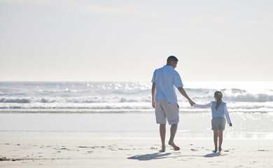 Sticker - Beach, holding hands and father and kid walking for outdoor peace, freedom and fresh air on vacation holiday. Sea water, mockup ocean view and back of family, dad and young child bond, relax and care