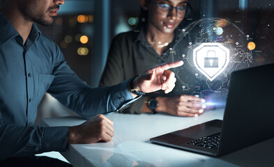 Poster - Big data, graphic and cybersecurity team with 3d software design for computer. Security, information technology and pointing with fintech hologram and futuristic app in a office at night with lock