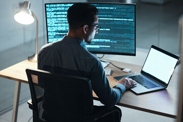 Poster - Man, night and coding in office, computer or blank screen for mockup space with html, programming or web design. Tech expert, information technology or developer with typing, laptop or dark workplace
