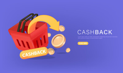 Sticker - 3D the red shopping basket and Arrow in coin with online cash back or money refund. web banner on purple background for advertisement design.