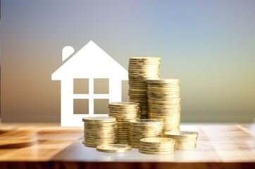 Wall Mural - Real estate growth and home investment, stacking coins, AI generated image