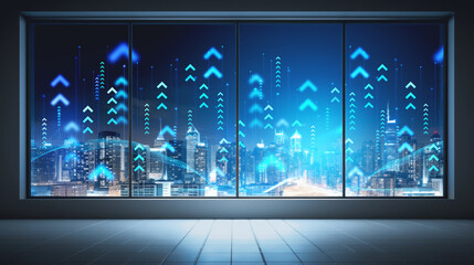 Wall Mural - Office room and panoramic window on night skyline with rising arrows. Ai generative