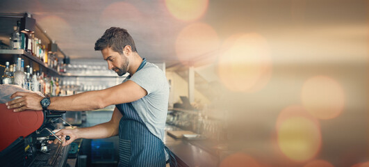 Poster - Coffee shop, barista man and mock up with space, overlay and bokeh for drink, espresso machine and work. Small business owner, restaurant and cafe with focus, vision and service with hospitality