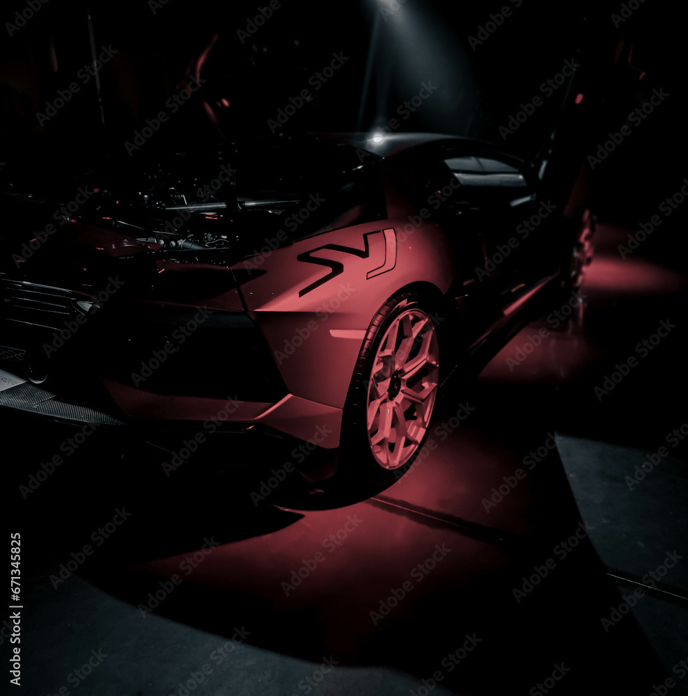 Lamborghini Aventador SVJ rear fender logo under spotlight, Luxury ...