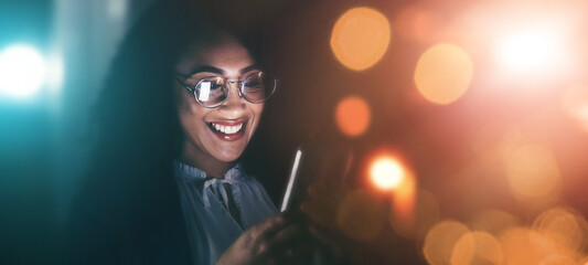 Aufkleber - Businesswoman, phone and smile in communication at night for texting, chatting or networking on dark background. Happy female employee holding smartphone working late for online planning strategy