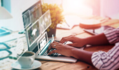 Poster - Laptop, overlay and app with a woman in an internet cafe doing a search for global or financial data. Computer, software or stock market with a person working on information research in a coffee shop