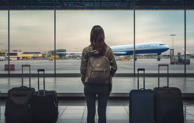 Wall Mural - Female tourists waiting to board the plane at the airport