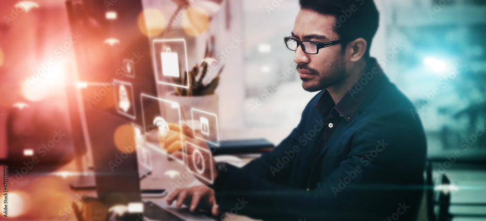 Man, office and night with overlay, laptop and web design innovation by ...