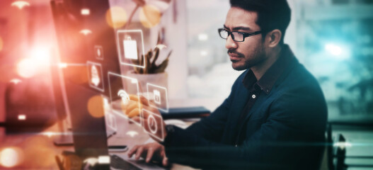 Fototapete - Man, office and night with overlay, laptop and web design innovation by 3d holographic ux for typing. Programming expert, computer and hologram ui for website, cloud computing or analysis for coding