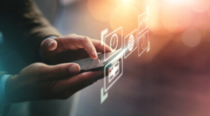 Poster - Hologram, hands and smartphone with connection, futuristic and typing for social media. Closeup, cellphone and holographic for future communications, apps and device upgrade for software and texting