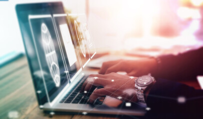 Aufkleber - Computer overlay business man and hands typing with digital software graphic of web application. Global stock market, database research and laptop of a finance worker busy with trading database