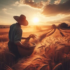 Sunset over field and farmer harving working concept agriculture