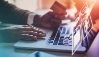 Poster - Laptop, ecommerce and overlay with a business person making a digital payment schedule over the internet. Computer, data and software with an employee online banking or searching the stock market