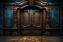 Elegant Wooden Door Opened To Reveal A Mysterious And Dark Room, Generative AI