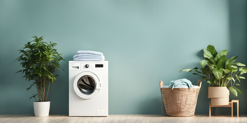 Wall Mural - Washing machine and laundry basket. Modern minimalist interior on empty blue sky pastel color wall background.