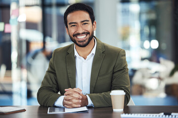 Canvas Print - Planning, office portrait and happy man with company mission, goals and startup management strategy. Professional employee, business or corporate person with ideas, vision for success and leadership