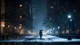 Fototapeta  - Solitary Figure Amidst Manhattan Snowfall: An Enchanting Evening