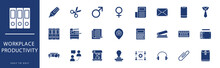Workplace Productivity Icon Collection. Containing Location, Male, Management, Mouse, Newspaper, Notebook,  Icons. Vector Illustration & Easy To Edit.