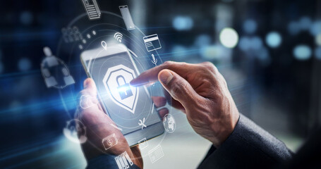 Leinwandbilder - Hands, phone and digital transformation for cybersecurity, mobile app or technology icons at night. Hand of person on futuristic smartphone, lock screen or biometrics in big data or virtual IoT