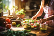© NORN - Close up of Hand of woman preparing healthy salad. Generative AI