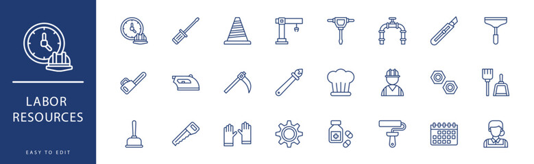 Labor Resources icon collection. Containing Medicine, Miner, Nails, Nurse, Nut, Office,  icons. Vector illustration & easy to edit.