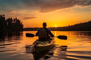 rear view of man kayaking on lake at sunset