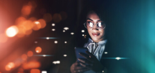 Poster - Business woman, phone and communication at night for texting, chatting or networking on dark background. Female employee smile holding smartphone working late for online planning strategy on mockup