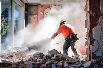 workers demolishing walls disassembling and rearranging with sledgehammers