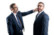 two businessmen fighting at rivalry isolated on white. businessmen having conflict fight in business. fighting between boss and employee. business fight. unethical practice