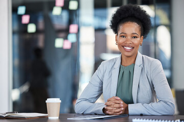 Wall Mural - Happy business portrait of black woman planning company project, goals and startup management career. Professional employee, Human Resources manager or person ideas, vision for success and leadership