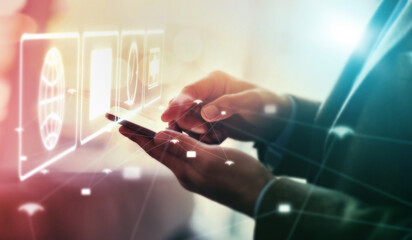 Leinwandbilder - Hologram, network and hands of a businessman with a phone for connection, internet and search. Website, digital marketing and employee with a mobile and cyber interface with a menu and web system