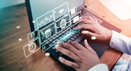 Aufkleber - Businessman, hands or laptop hologram screen in networking, stock marketing trading or financial cybersecurity data. Worker, typing or 3d technology abstract for futuristic dashboard or search engine