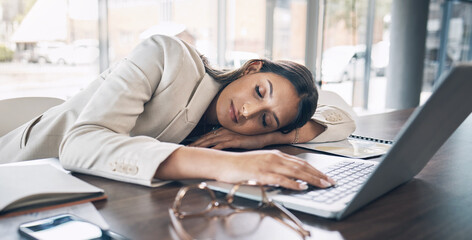 Poster - Sleeping, laptop and business woman in office for exhausted, tired and overworked. Burnout, fatigue and lazy with employee napping at desk for stress, mental health and headache rest from pressure