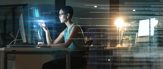 Aufkleber - Computer, holographic chart or woman point at finance hud, stock market database or future night overlay. Forex investment dashboard, web data analysis or African trader trading NFT or bitcoin crypto