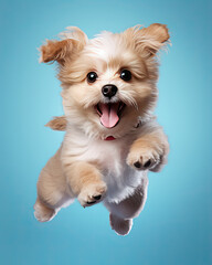 A cute dog jumping with a happy smile