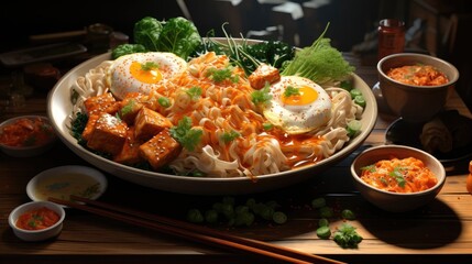 Wall Mural - Traditional japanese udon noodle bowl with crispy fried tofu, meatballs, wakame seaweed and onion spring roll