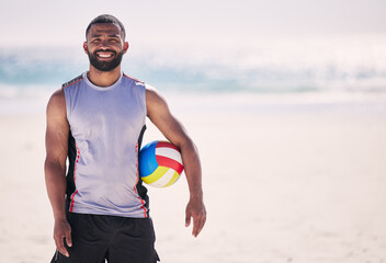 Beach, portrait and happy man with volleyball for training, exercise and cardio in nature. Ocean, face and male player smile at sea for fun, fitness and workout, challenge or game on mockup space