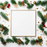 Fototapeta Nowy Jork - Christmas and New year elements with empty frame, tree branches, gift, confetti for Christmas party backdrop and card background, Generative AI.