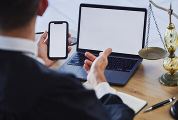 Aufkleber - Phone screen, laptop and working at desk, office or lawyer reading communication, contract or information technology mockup. Mobile app, software on computer and cellphone for internet or web search