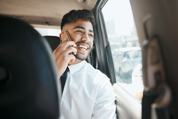 Aufkleber - Happy business man, phone call and driving in car for communication, mobile networking and chat. Indian male worker, thinking and talking to smartphone contact while traveling in taxi transportation