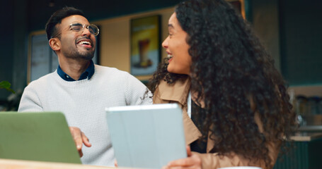 Canvas Print - Colleagues, laptop and remote work with laugh, tablet and working with technology, business and strategy. Coffee shop, meeting and planning for project, woman and man in partnership, smile and job