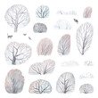 Lovely snow-covered trees. Isolated on white background trees without foliage. Childish illustration. Pencil drawing, watercolor.