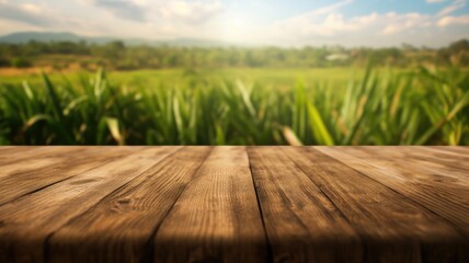 Wall Mural - The empty wooden brown table top with blur background of sugarcane plantation. Exuberant image. generative AI