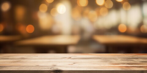 The empty wooden table top with blur background of cafe. Exuberant image. generative ai